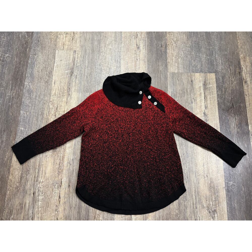 Adrienne Vittadini Red Black Metallic Ombre Cowl Neck Sweater Rhinestone M